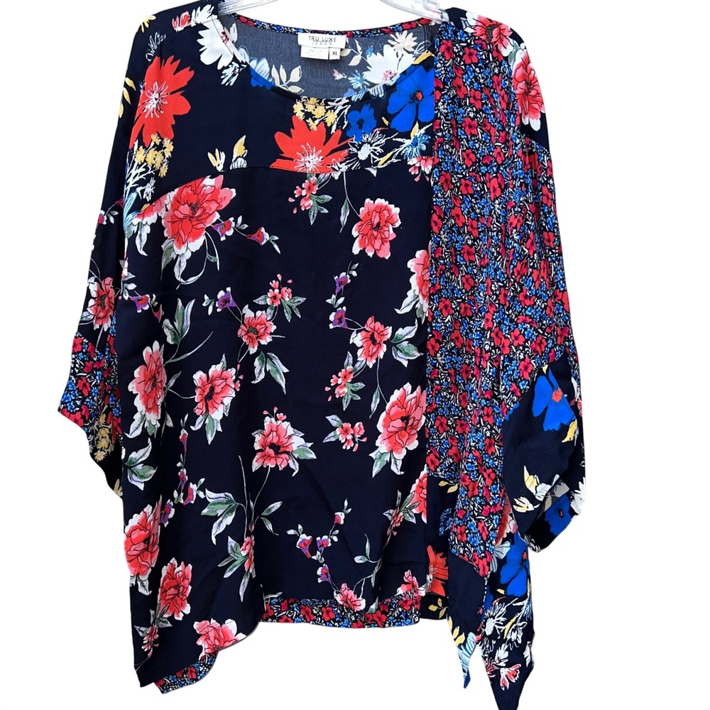 Tru Luxe Jeans Floral Patchwork Blouse XL Viscose Kimono Boho‎ Retro Loose fit